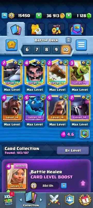 Cheap Clash Royale Account for Sale – 36K Gold, 1128 Gems, Level 13, 14/8 Cards, 29 Emotes! - Quickgameshop
