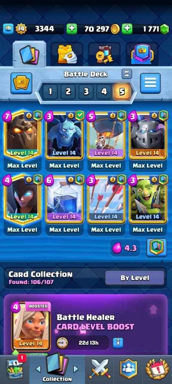 Cheap Clash Royale Account for Sale โ 70K Gold, 1771 Gems, Level 14, 14/11 Cards, 31 Emotes! - Quickgameshop