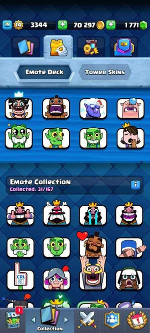 Cheap Clash Royale Account for Sale – 70K Gold, 1771 Gems, Level 14, 14/11 Cards, 31 Emotes! - Quickgameshop